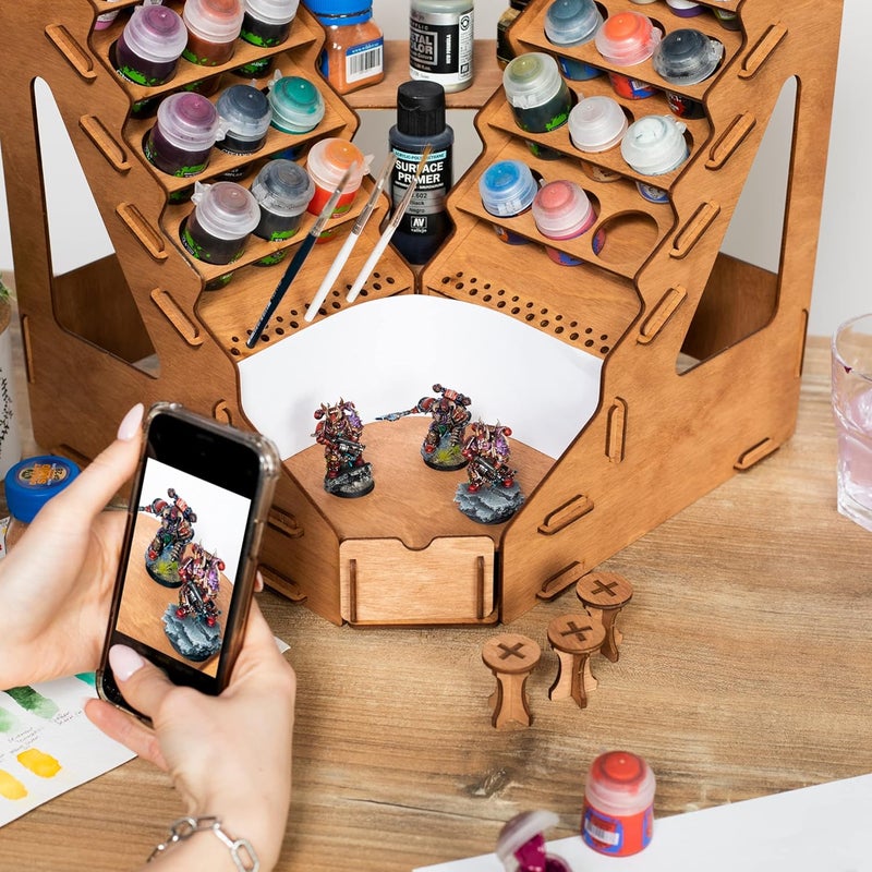 Plydolex Plywood Corner Model Paint Organizer - 32 Bottle & 46 Brush Slots Rack, 3 Shelves, 6 Stands & a Photo-Shooting Scene - Suits Tamiya, Vallejo, Citadel Paints - Works for Warhammer 40K, DnD - Image 5